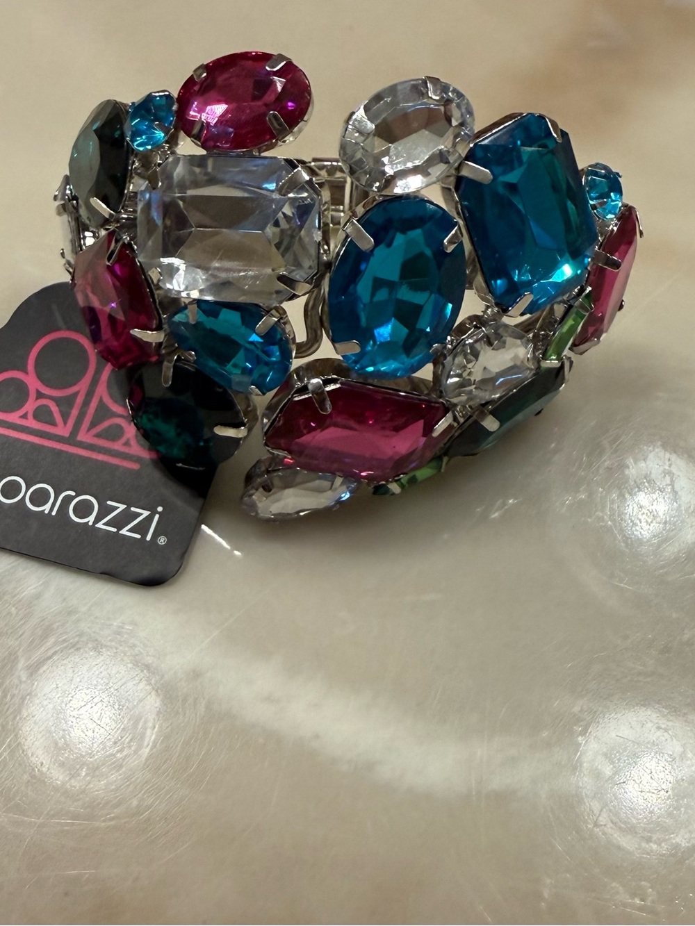 paparazzi Blue Pink Clear Multi-Gem Statement Cuff Bracelet